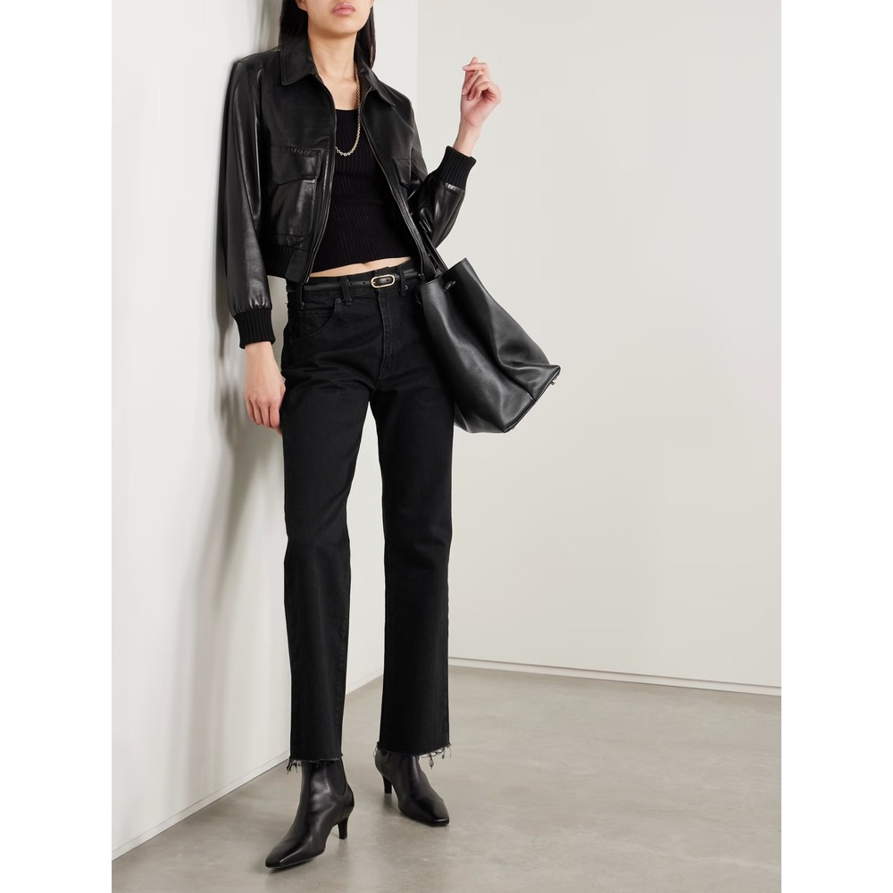 Nili Lotan Calla Frayed High-Rise Straight-Leg Jeans‎ in Black, Women's Size 28